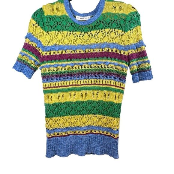 Zara Knit Multicolor Open Weave Short Sleeve Sweater Top Size M (351) - Picture 4 of 12